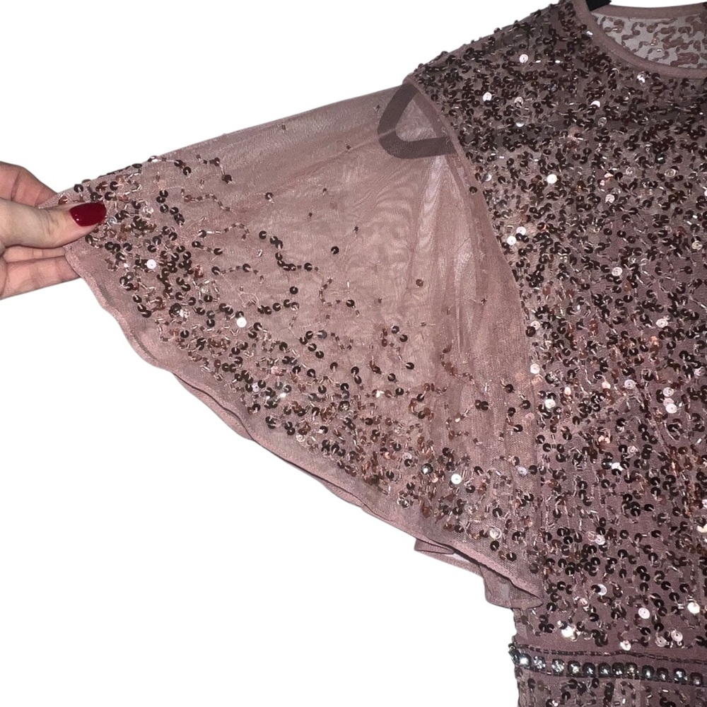 NEW NWT Mac Duggal Cape Sleeve Beaded Tea Length Drop Waist Midi Dress Rosewood - Picture 5 of 14